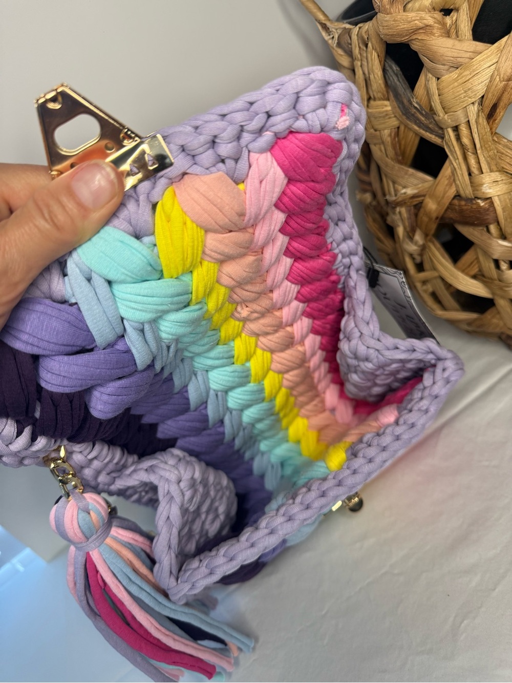 Handwoven Multicolor Crochet Shoulder Bag with Gold Hardware | Dopamine - Picture 8 of 11